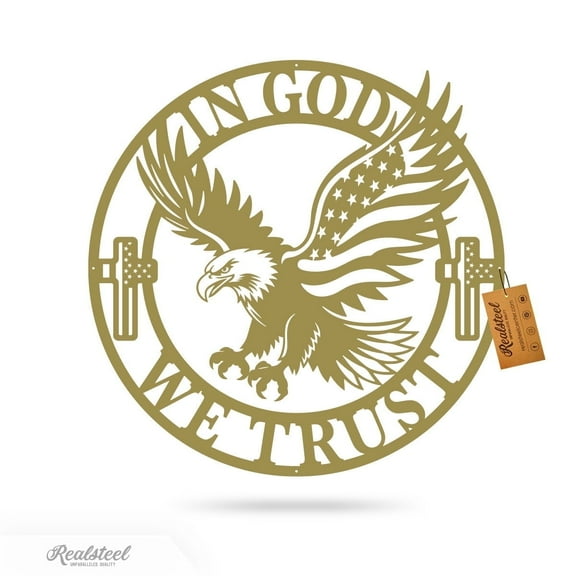 RealSteel In God We Trust American Flag Eagle Metal Sign – Patriotic Wall Art (24", Gold)