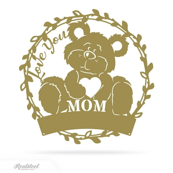 RealSteel Love You Mom Monogram – Personalized Metal Wall Art with Custom Name, Teddy Bear & Heart Design – Mother’s Day Gift (Gold, 24")
