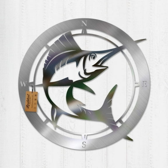 RealSteel Marlin Compass Wall Art | Fishing Decor | Metal Wall Art Decor | Fishing Signs | Fish Wall Art | Hunting Fishing Signs Wall Art | Marlin Fish Wall Art (36" Clear Coat)