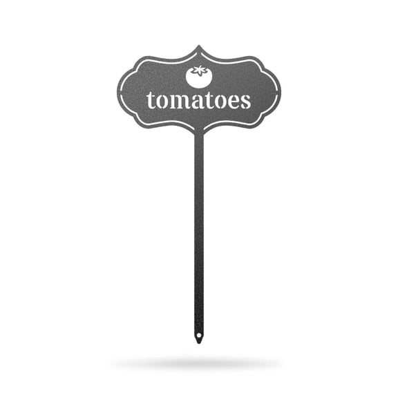 RealSteel: Metal Plant Labels for Vegetable & Herb Gardens, 45 Unique Garden Markers with Stakes, Durable Outdoor Rust-Resistant Design (TOMATOES)