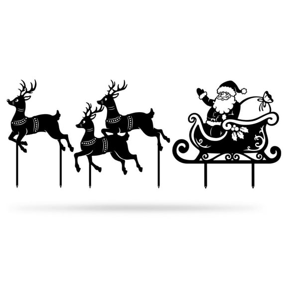 RealSteel Outdoor Christmas Santa Sleigh Set – Holiday Yard Decorations – Winter Xmas Spirit Décor – Santa Clause Rudolph Reindeer – Merry Christmas Large Garden Art Display with Stakes (Black)