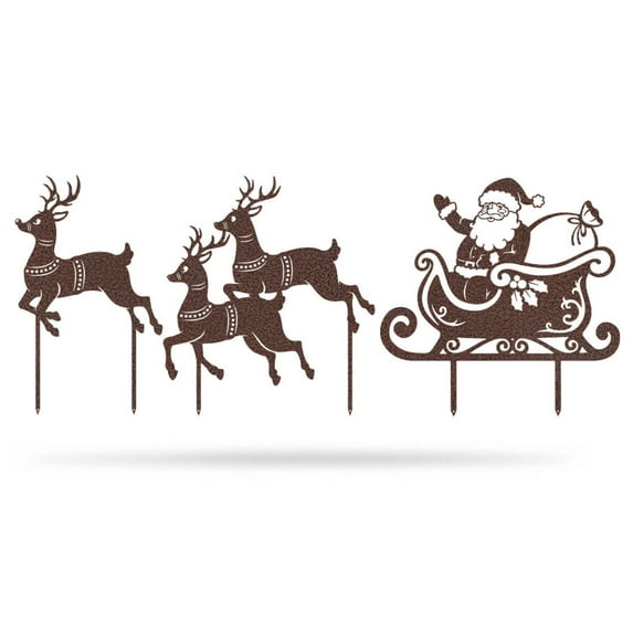 RealSteel Outdoor Christmas Santa Sleigh Set – Holiday Yard Decorations – Winter Xmas Spirit Décor – Santa Clause Rudolph Reindeer – Merry Christmas Large Garden Art Display with Stakes (Penny Vein))