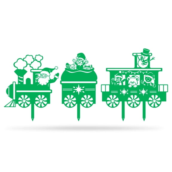 RealSteel Outdoor Christmas Train Set – Holiday Yard Decorations – Winter Xmas Spirit Décor – Santa Clause, Snowman, Elves & Peppermint – Feliz Navidad – Garden Art Display with Stakes (Green)