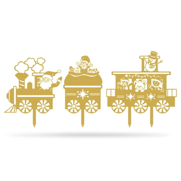 RealSteel Outdoor Christmas Train Set – Holiday Yard Decorations – Winter Xmas Spirit Décor – Santa Clause, Snowman, Elves & Peppermint – Feliz Navidad – Garden Art Display with Stakes (Gold)