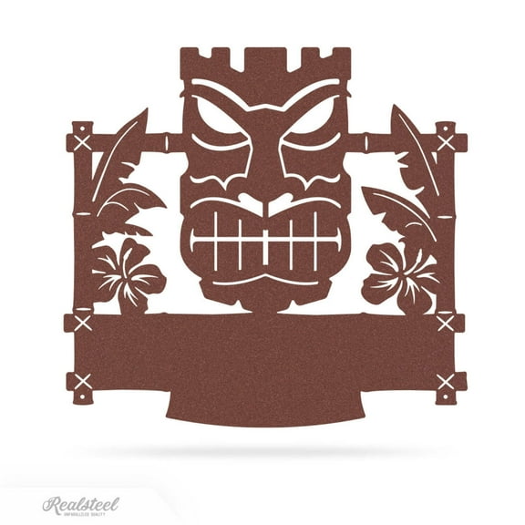 RealSteel Tiki Mask Monogram – Personalized Tropical Metal Wall Art for Patios, Bars & Beach Homes (Rust - 22x24)