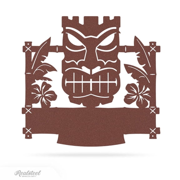 RealSteel Tiki Mask Monogram – Personalized Tropical Metal Wall Art for Patios, Bars & Beach Homes (Rust - 34x36)