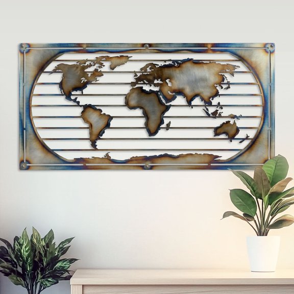 RealSteel World Map Metal Wall Art, Travel Wall Decor, Steel World Map, Home Office Decor (18" x 36", Clear Coat Heat Treated)