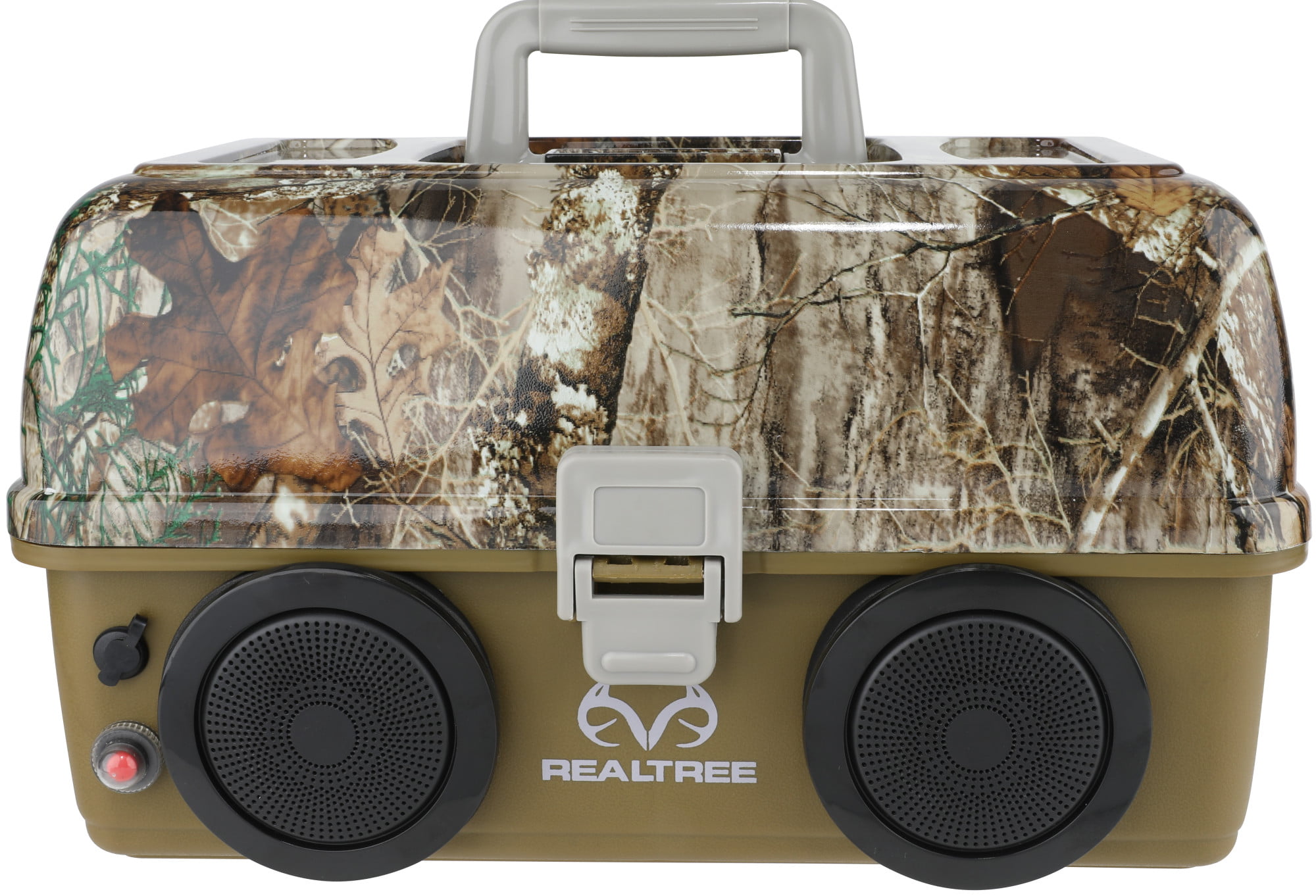 RealTree Fishing Tackle Box with Bluetooth Speakers in Camo Design