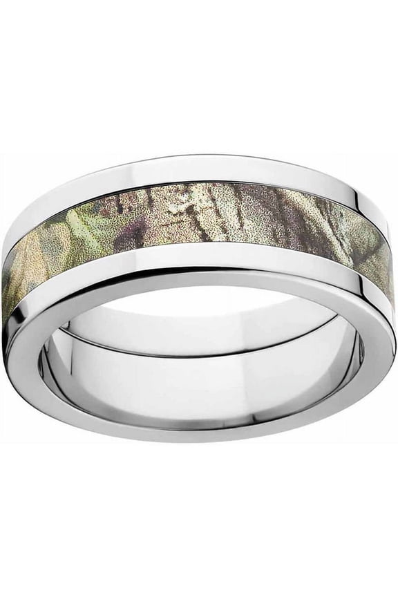 Green Men's Camo Stainless Steel Ring with Polished Edges