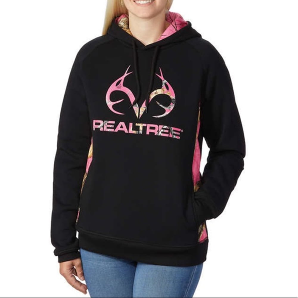 RealTree Women s Logo Print Hoodie Sweatshirt Black Pink Camo XS