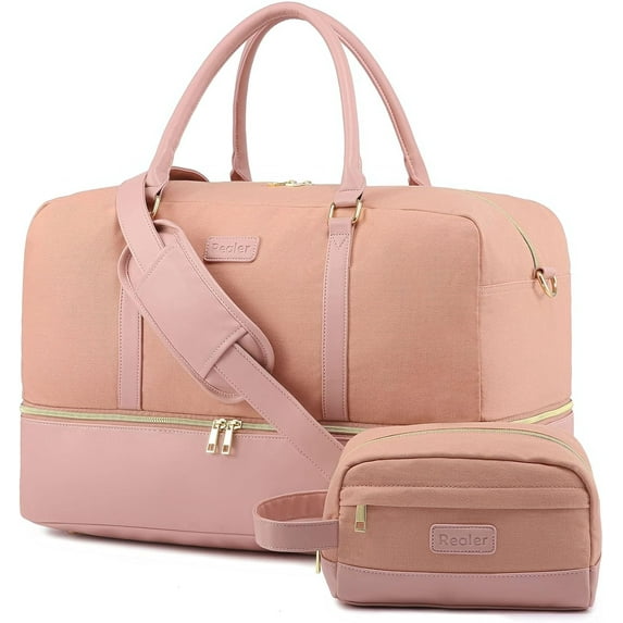 Realer Canvas Weekender Bag, Women Overnight Bag Hospital Carry-on Bag Travel Duffel Tote with Separate Shoes Compartment -Larger & Waterproof