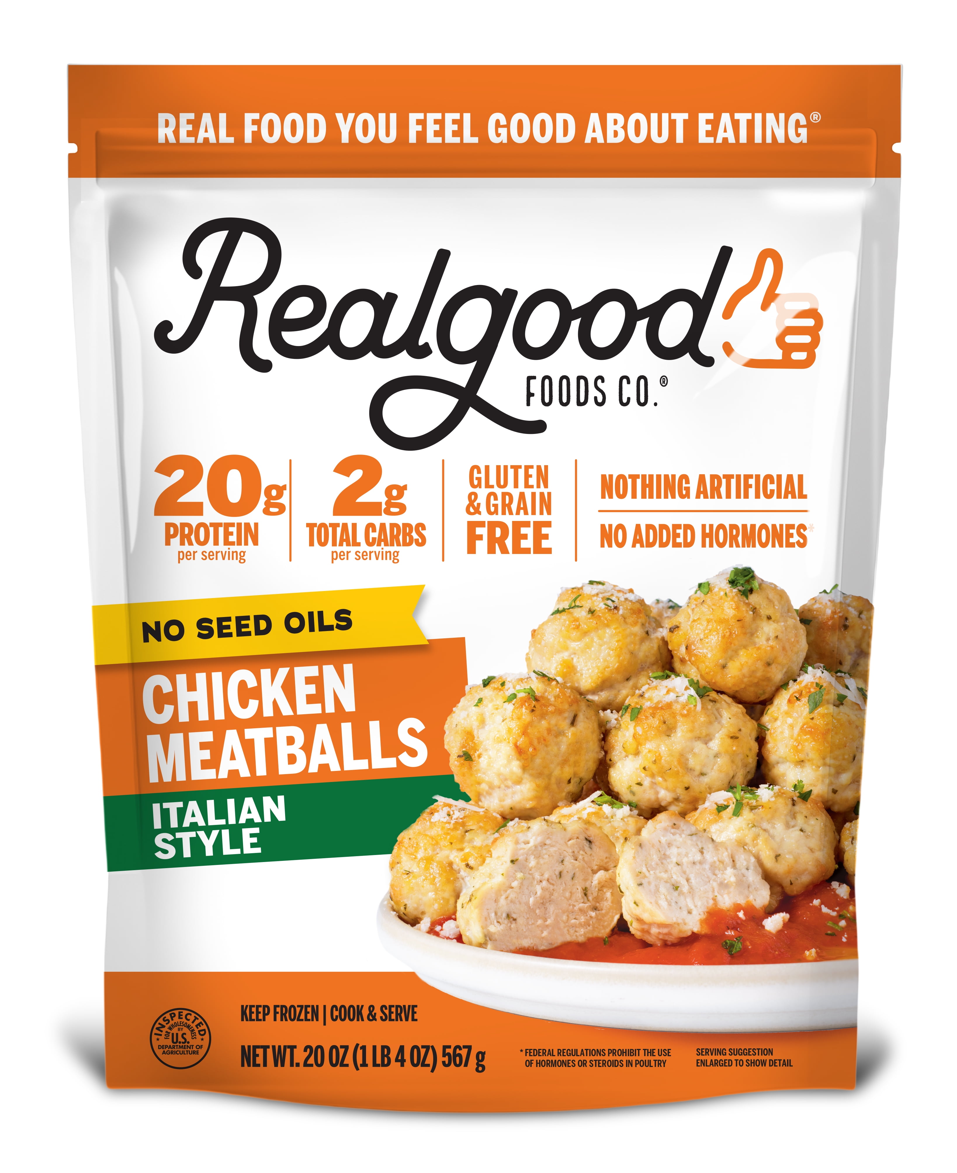 Realgood Foods Co. Gluten-Free Italian Style Fully Cooked Chicken Meatballs, 20oz Bag (Frozen)