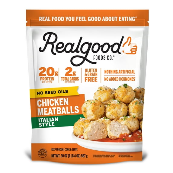 Realgood Foods Co. Gluten-Free Italian Style Fully Cooked Chicken Meatballs, 20oz Bag (Frozen)