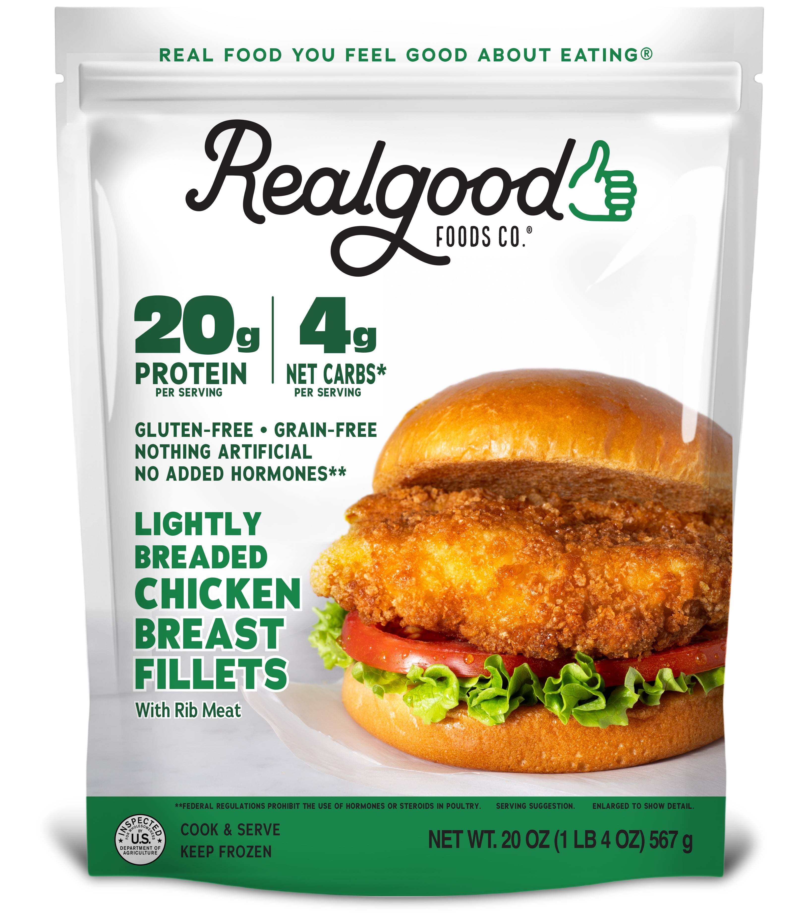 Realgood Foods Co. Lightly Breaded Chicken Breast Fillets, 20 oz Bag (Frozen)