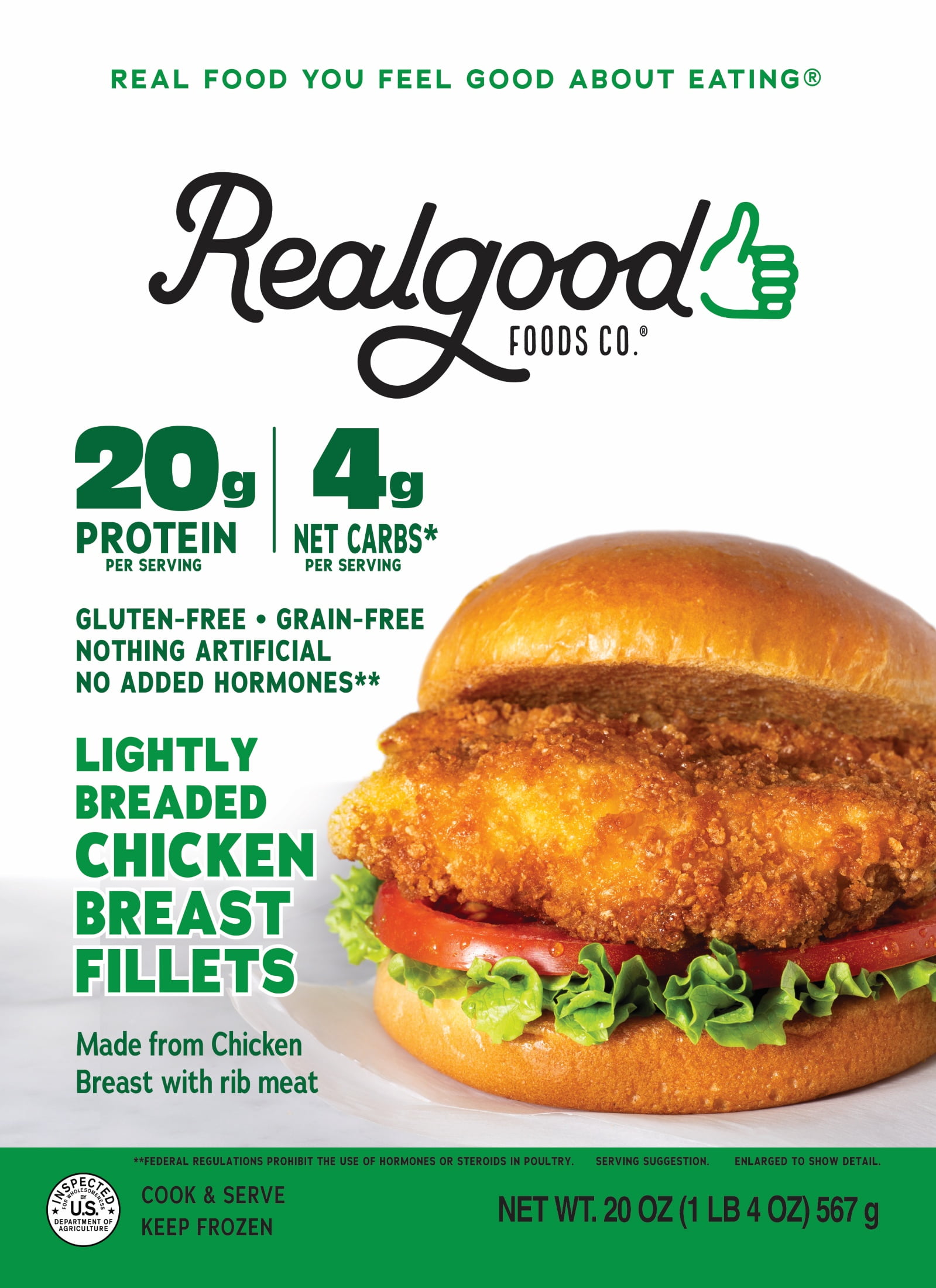 Realgood Foods Co. Lightly Breaded Chicken Breast Fillets, 20 oz Bag (Frozen)