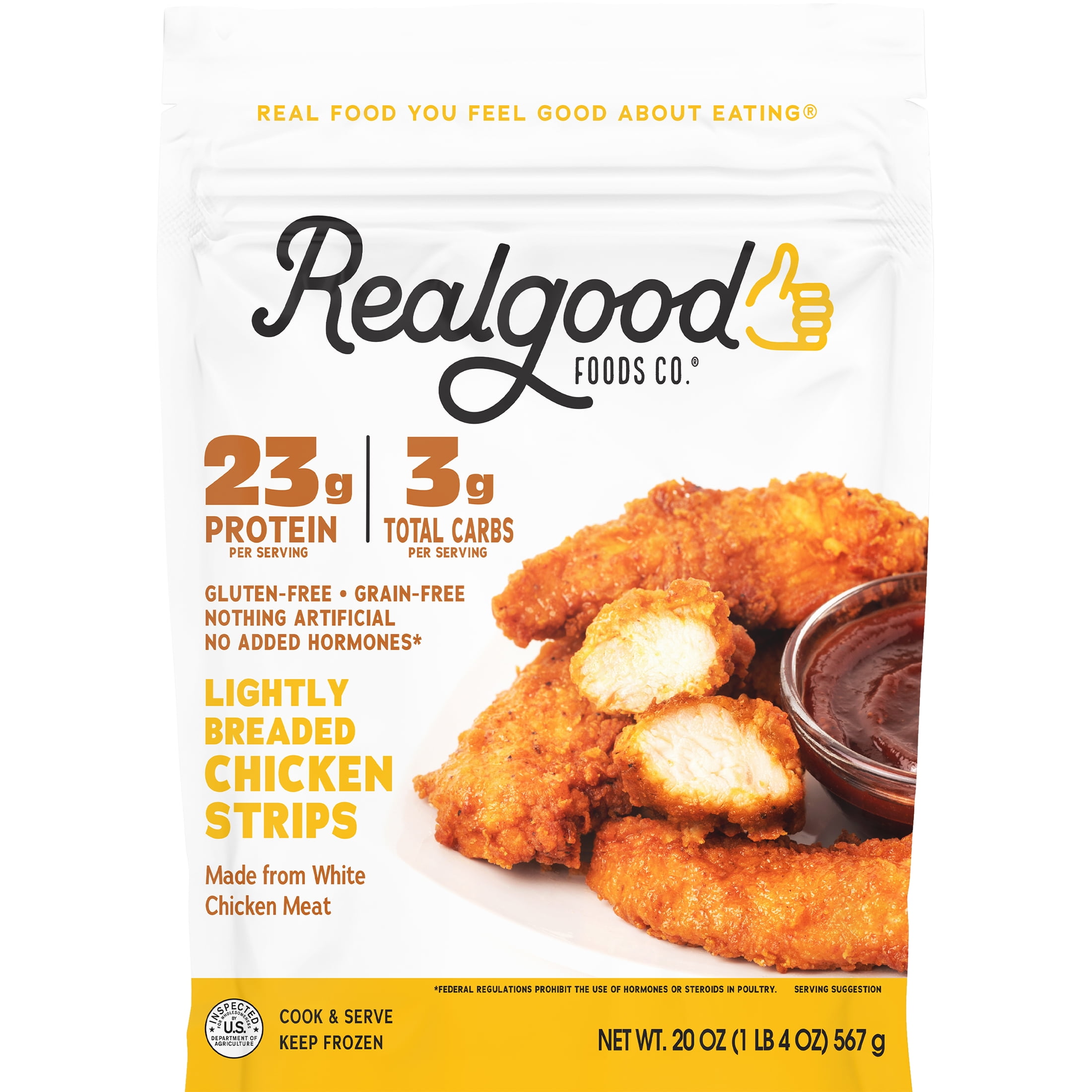 Realgood Foods Co. Lightly Breaded Chicken Breast Strips, Gluten-Free, 20  oz Regular Bag (Frozen)