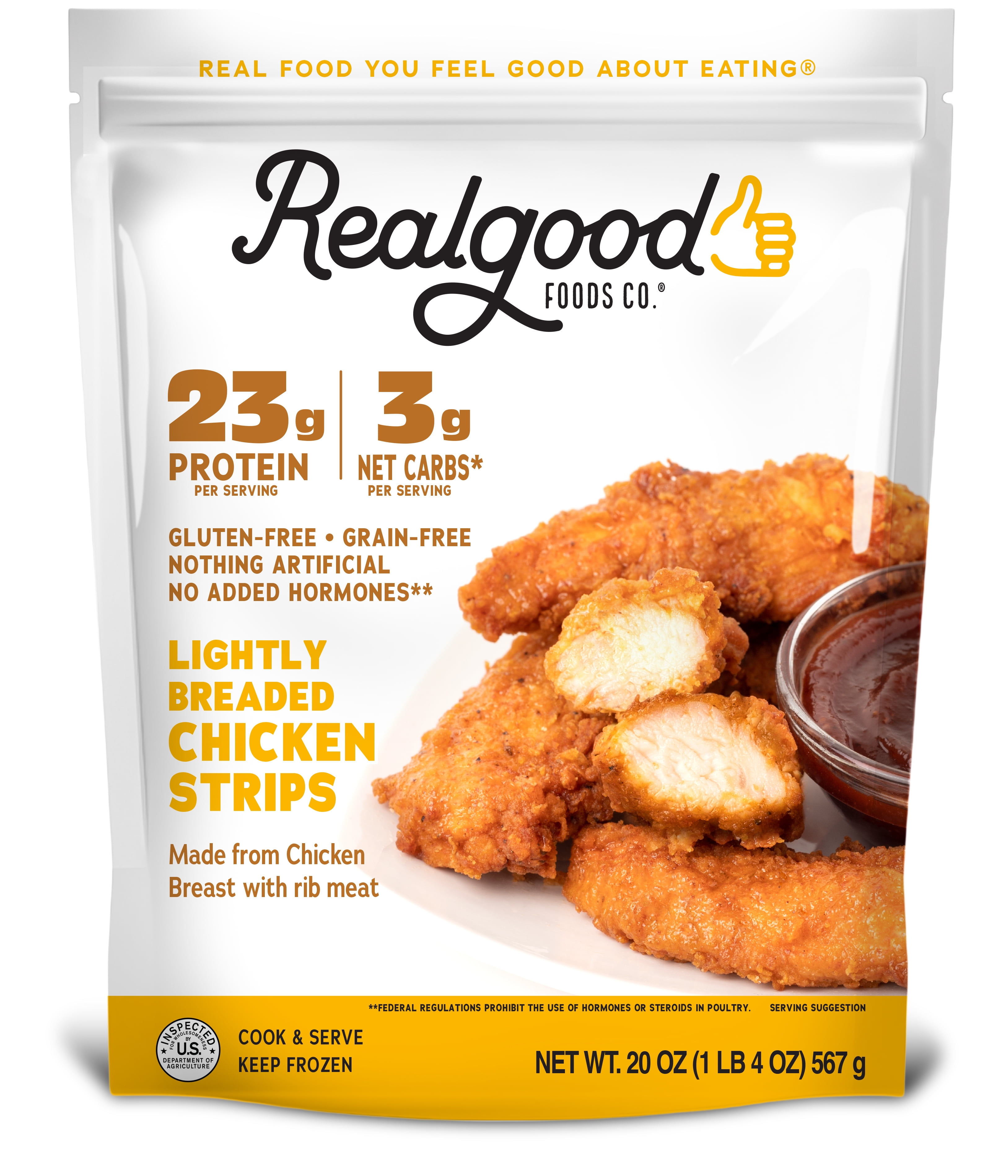 Realgood Foods Co. Lightly Breaded Chicken Breast Strips, Gluten-Free, 20 oz Regular Bag (Frozen)