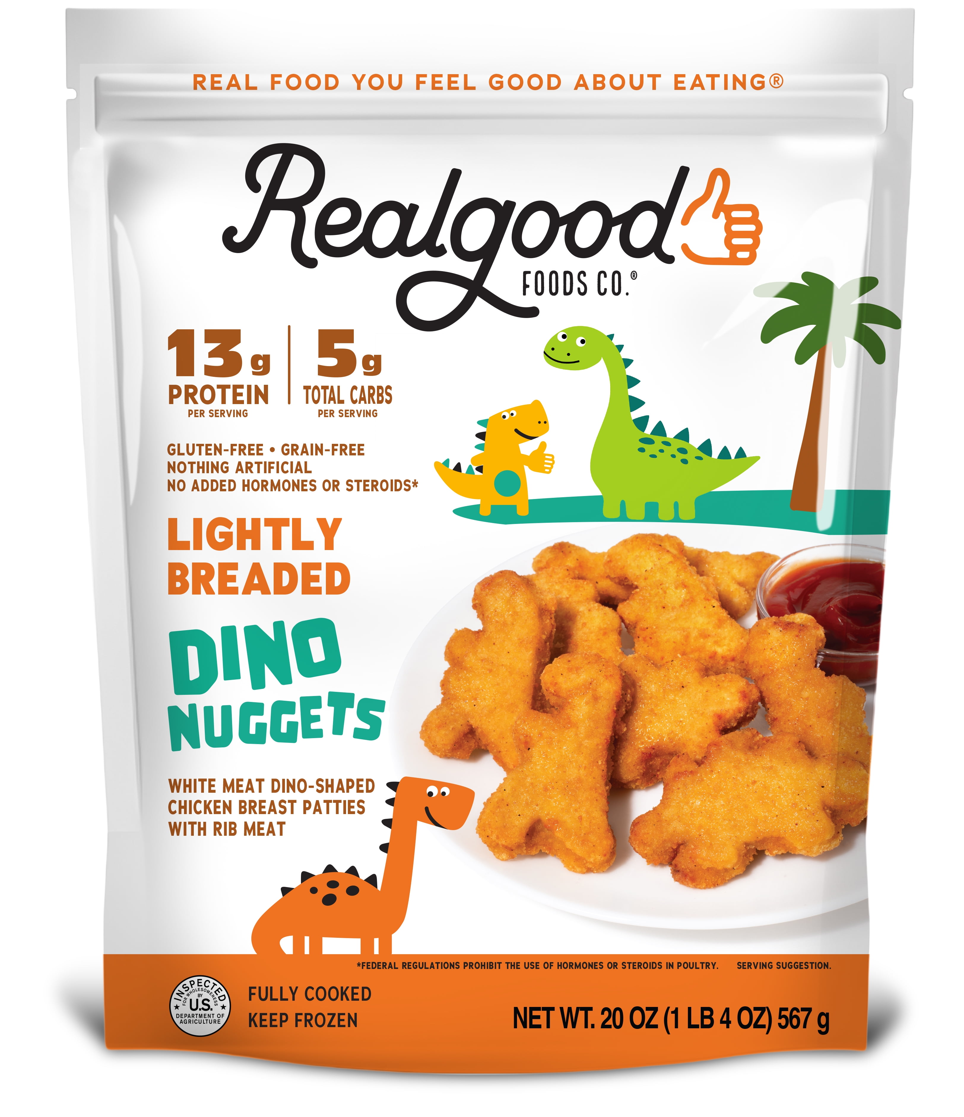 Realgood Foods Co. Lightly Breaded Dino Chicken Nuggets, 20 oz Bag (Frozen)