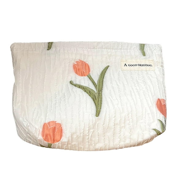 Realhomelove Makeup Bags for Purse Zipper Cosmetic Pouch Large Travel Canvas Make Up Organizer Tool Pouch for Women and Girls, Tulip White