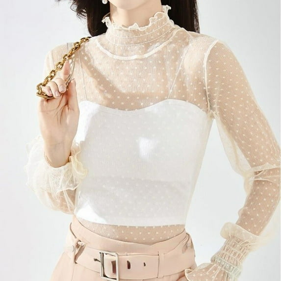 Reali Lady Polka Dot Lace T-shirt Top Mesh Turtleneck Flared Sleeves Blouse Sheer Sexy
