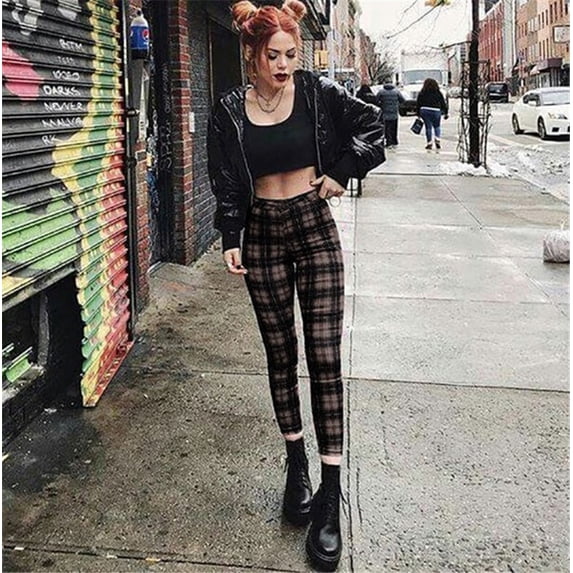 Reali Women Stretchy Trousers High Waist Skinny Plaid Jegging Control Pencil Pants