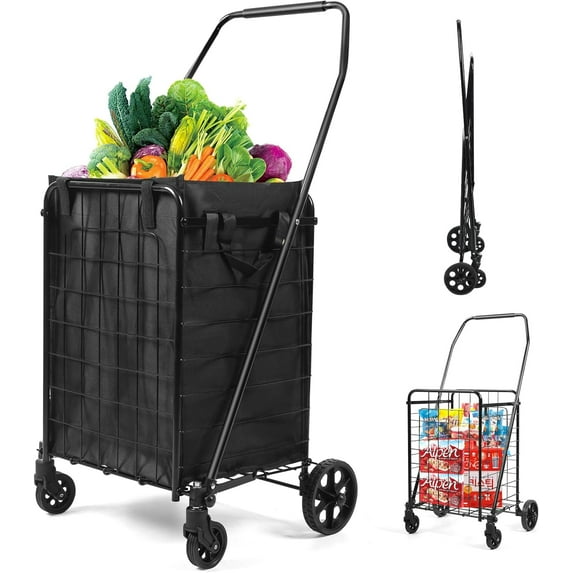 Realife Foldable Shopping Cart with Liner, Portable Utility Cart with Wheels for Grocery and Heavy Duty, 120lbs, Black