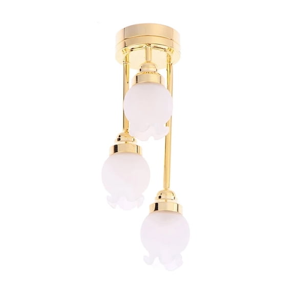 Realistic 1/12 Scale Dollhouses Three Head Chandelier Lamp LED Ceiling Light for Living Room Scene Decors