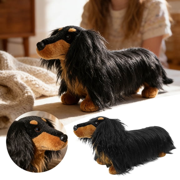 Realistic 13.78" Lifelike Stuffed Animal With Red Collar Soft Cuddly Weiner For Kids Lovers And Home