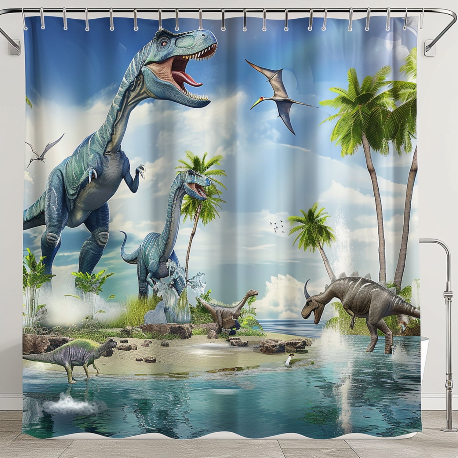 Realistic 3D Dinosaur Dimension Shower Curtain Dinosaurs Drinking Water