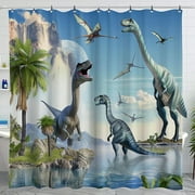 Realistic 3D Dinosaur Island Scene Shower Curtain Dinosaurs by Water Palm Trees Pterodactyls Flying Blue Sky Home Decor Photo Style