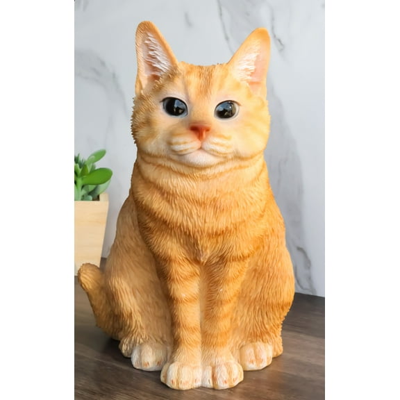 Realistic Adorable Fat Feline Orange Tabby Cat Kitten Sitting Figurine 7.5"H