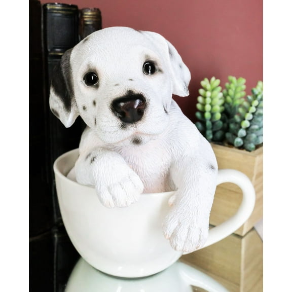 Realistic Adorable Spotted Dalmatian Puppy Dog in Teacup Statue 6" Tall Pet Pal