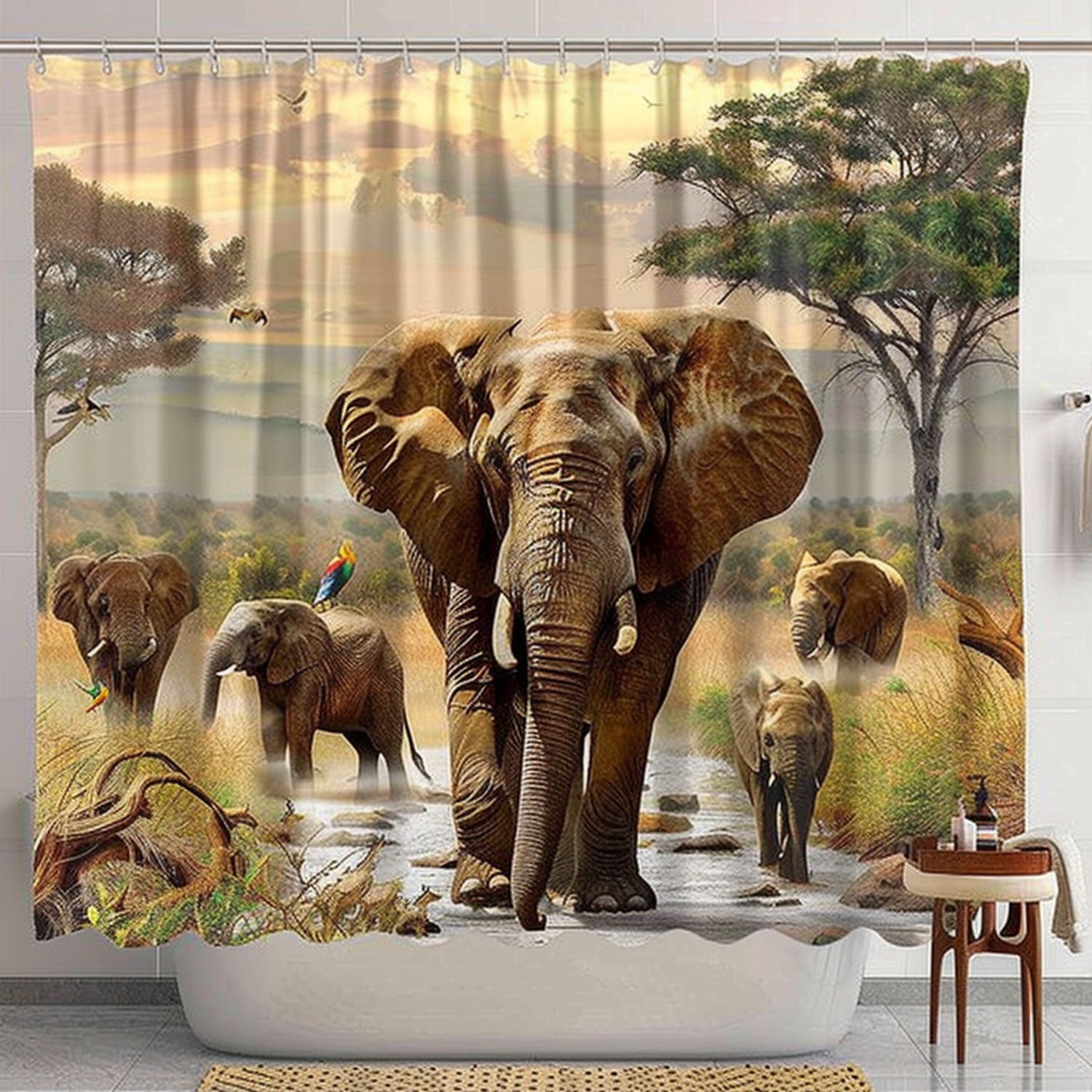 Realistic African Elephant Safari Shower Curtain Set Brown Theme