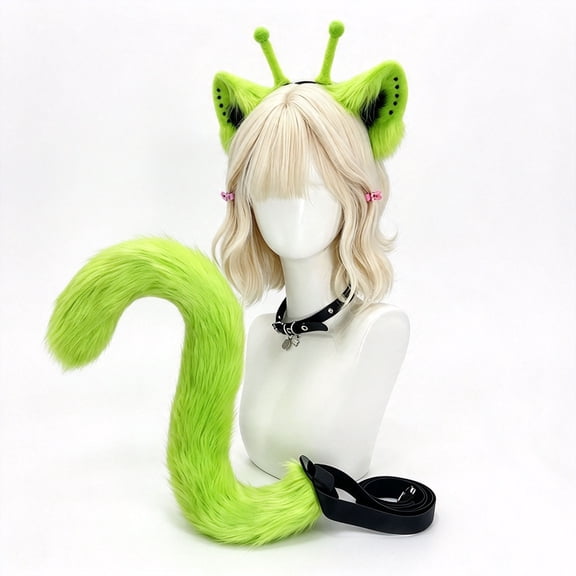 Realistic Alien Cat Tail and Ear Headband with with Antenna,Halloween Fursuit Cat Kitty Costume,LARP Furry Therian Cat Tail and Ears Accessories