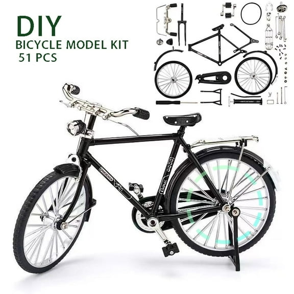 Realistic Alloy DIY Bike Model Kit with Rotating Wheels and Riding Pedals, Black