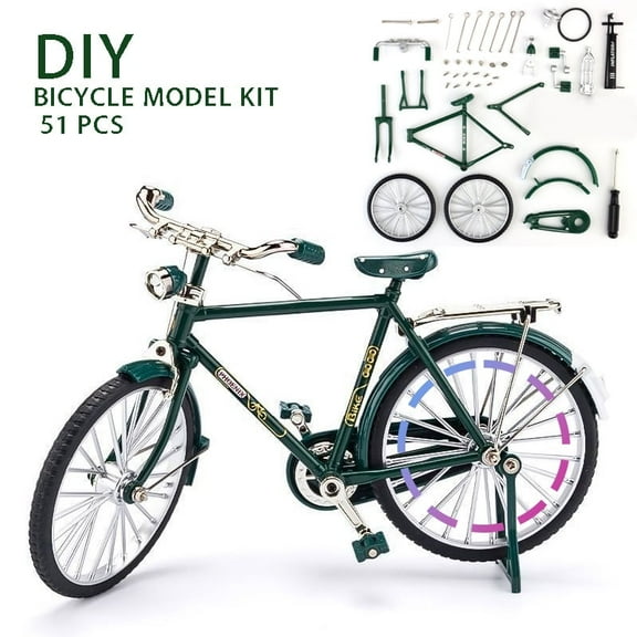 Realistic Alloy DIY Bike Model Kit with Rotating Wheels and Riding Pedals, Green