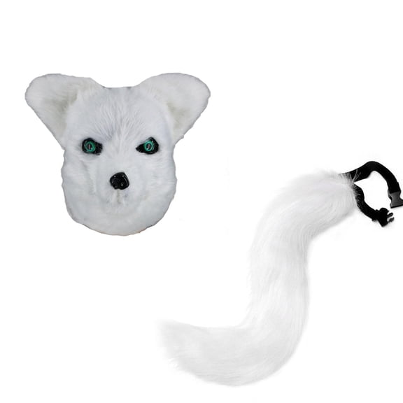 Realistic Animal Mouth Mover Wolf Fox Mask with Tails Set,White Fursuit Mask with Moving Jaw,Movable Mouth Fluffy Furry Plush Animal Wolf Mask for Halloween Carnival,Wolf Fox Therian Mask Outfit