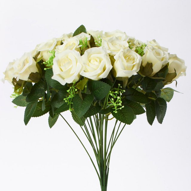 Realistic Artificial 24ct Rose Bud Flower Bouquet 18" Ivory