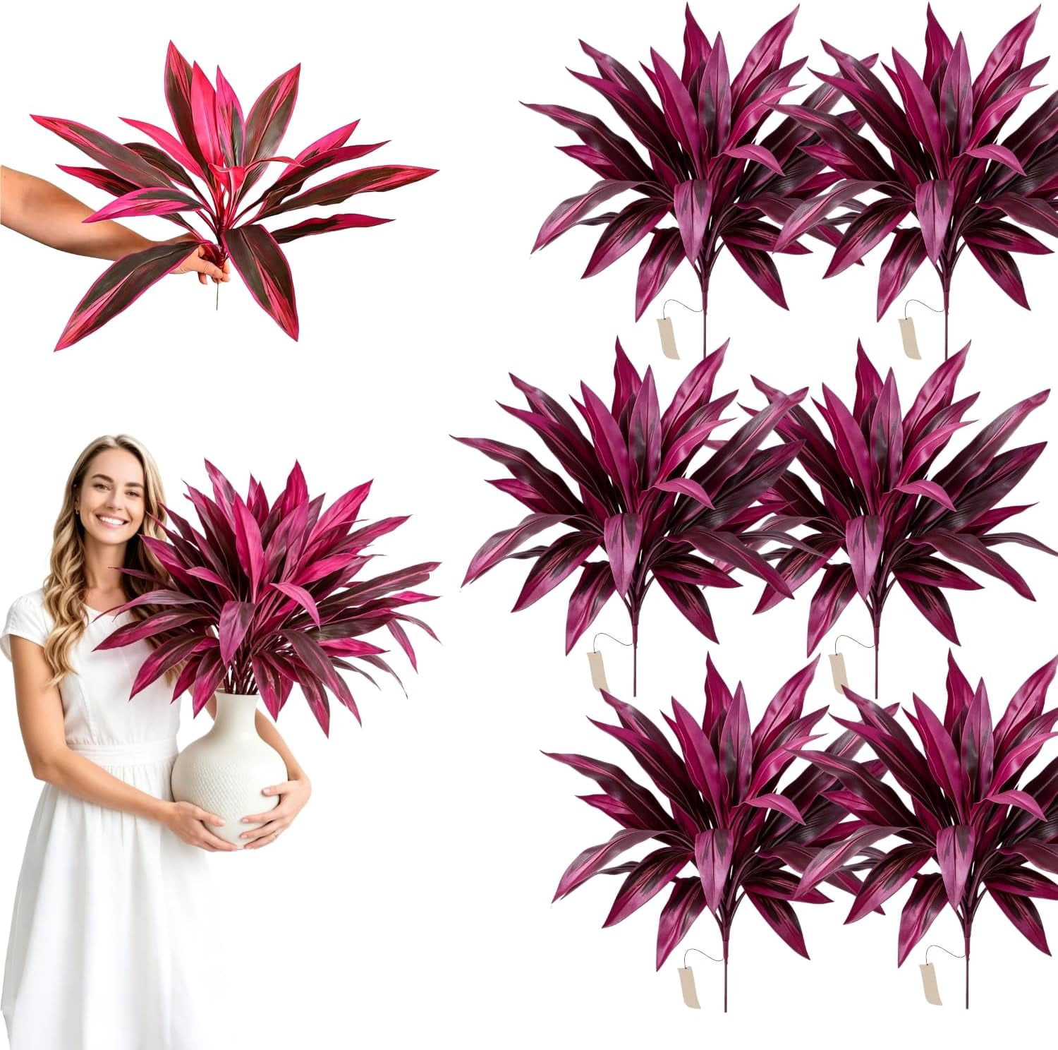 Realistic Artificial Boston Fern & Dragon’s Blood Tree Plants, Large Purple Tropical Rainforest Theme Fake Ferns with Vibrant Purple Foliage Brings Color to Patio＆ Garden Effortlessly (6 PCS)
