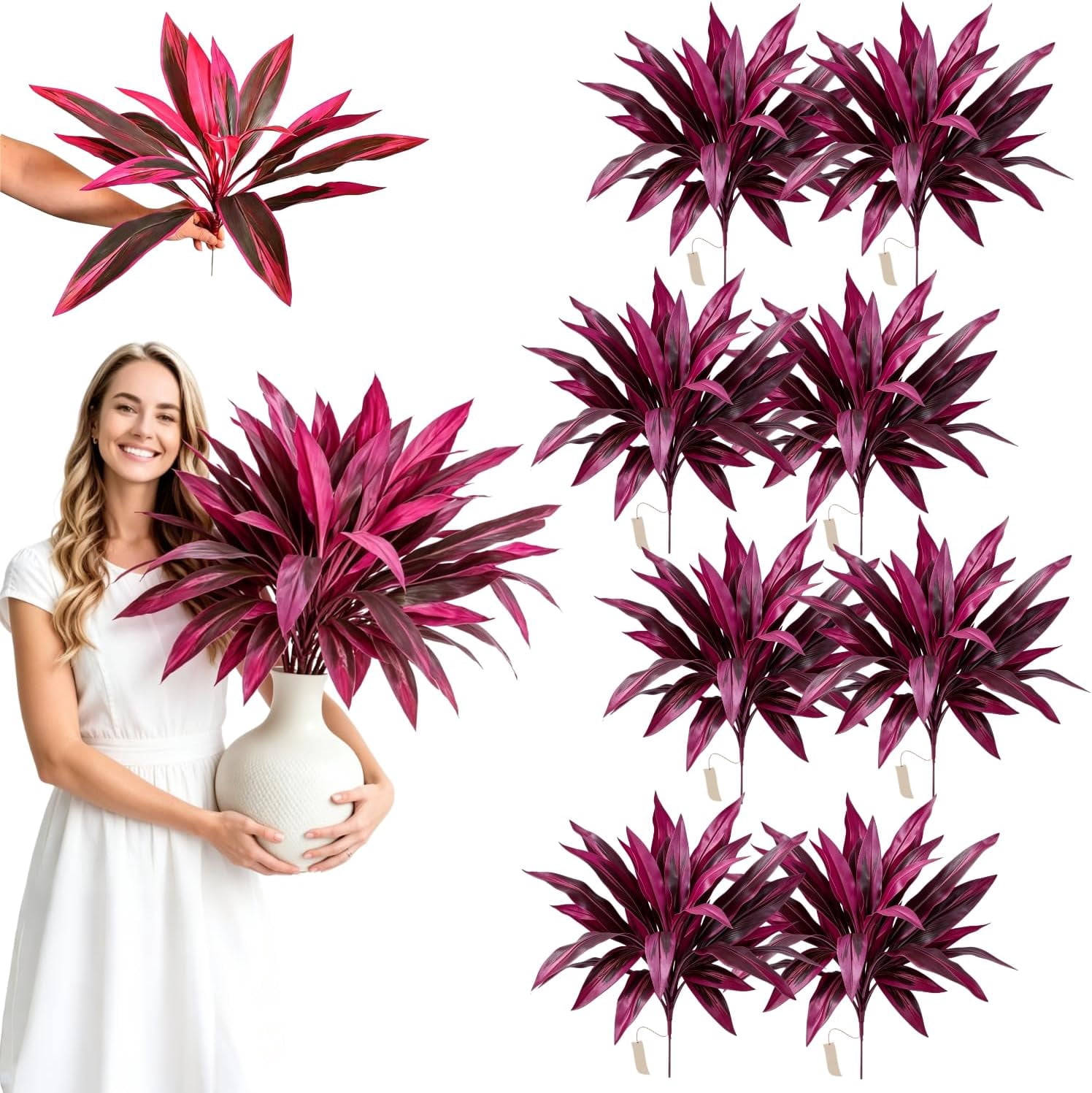 Realistic Artificial Boston Fern & Dragon’s Blood Tree Plants, Large Purple Tropical Rainforest Theme Fake Ferns with Vibrant Purple Foliage Brings Color to Patio＆ Garden Effortlessly (8 PCS)