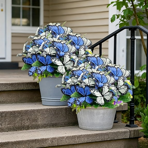 Realistic Artificial Butterfly Flowers Dual Color Fake Flower Bouquets Greenery Floral Arrangement for Home Living Room Wedding Outdoor Garden Decor Accents, Blue, 1pc