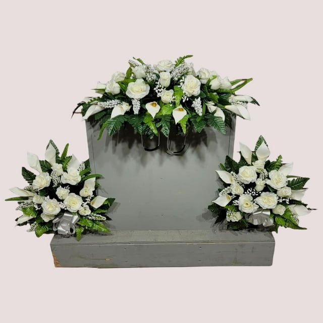 Realistic Artificial Cemetery Flowers Silk Faux Floral Cream Rose and