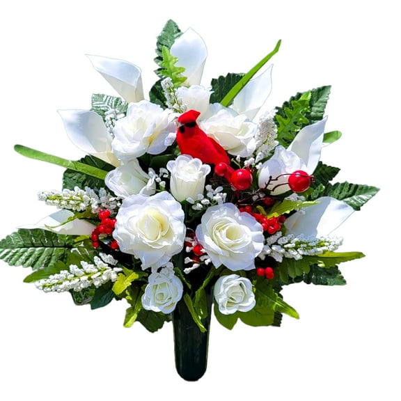 Realistic Artificial Cemetery Flowers - Silk Faux Floral Cream Rose and Calla Lily with Red Bird and Berries - Bouquet for Grave - Headstone Decoration - Memorial Flowers