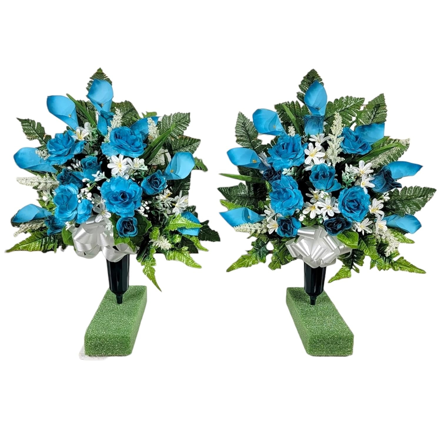 Realistic Artificial Cemetery Flowers Silk Faux Floral Turquoise Rose