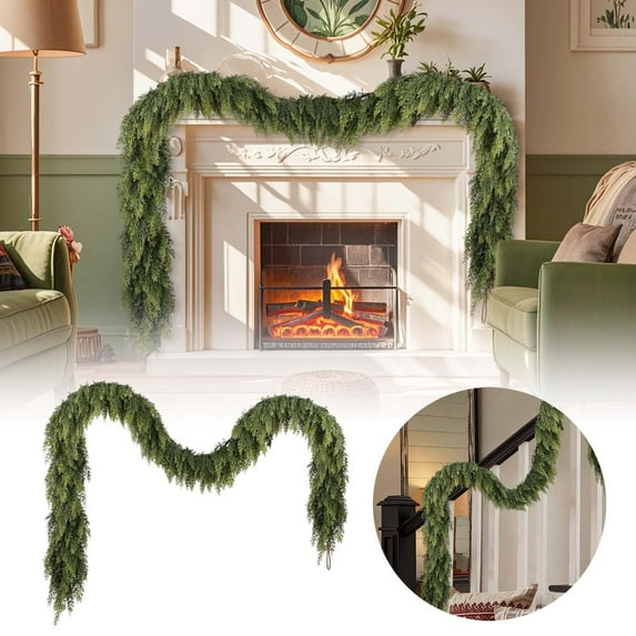 Realistic Artificial Christmas Cedar Garland with Real Touch Faux Pine Needles for Holiday Fireplace Mantle, Staircase, Door, Window, Table, Indoor Outdoor Decor, Thick Lush Greenery Garland
