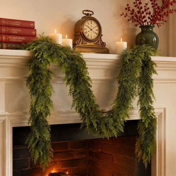 Realistic Artificial Christmas Cedar Pine Evergreen Garland,Faux Juniper Winter Greenery Garland for Christmas Home and Holiday Decorations Use Indoors or Outdoors,9Ft