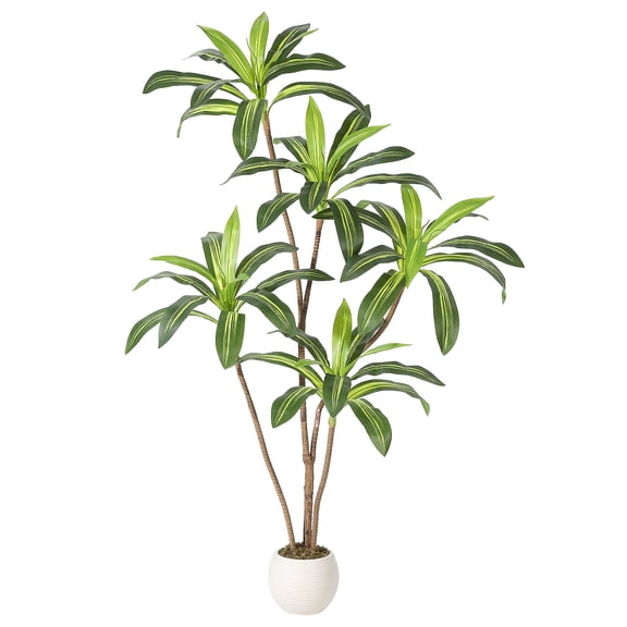 Realistic Artificial Dracaena Tree – 6FT Faux Yucca Plant with Natural Wood Trunk, Lifelike Green Leaves, Tall White Planter – Indoor/Outdoor Home Office Decor, Four-Stem