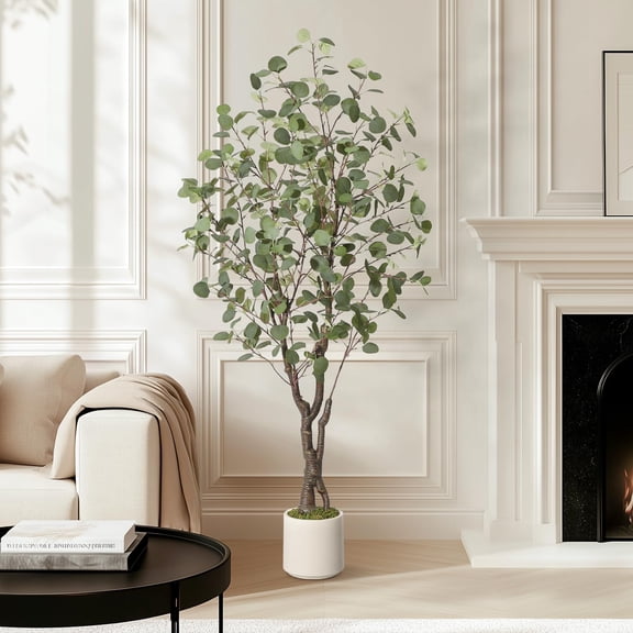Realistic Artificial Eucalyptus Tree with LED Lights – Faux Greenery for Home or Office – Multi-Stem Design, White Pot – Perfect Decorative Plant for Living Room, Housewarming - 5FT