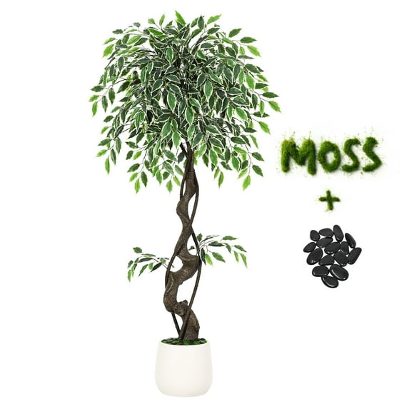 Realistic Artificial Ficus Tree - 4FT Faux Floor Plant with White Ceramic Pot, Lifelike Fake Ficus Tree for Office & Indoor Outdoor Decor, Includes Pebbles & Green Moss,Living Room, Bedroom, Balcony