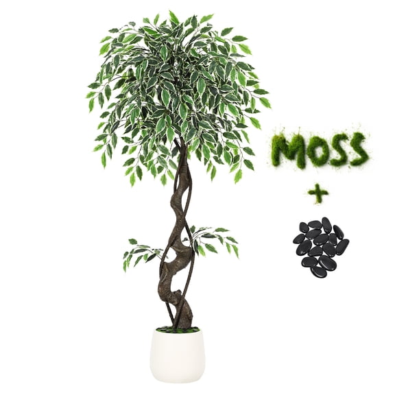 Realistic Artificial Ficus Tree - 4FT Faux Floor Plant with White Ceramic Pot, Lifelike Fake Ficus Tree for Office & Indoor Outdoor Decor, Includes Pebbles & Green Moss,Living Room, Bedroom, Balcony
